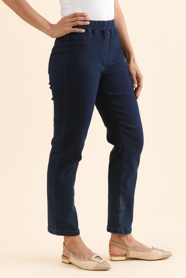 Callie Navy Cotton 7/8 Stretch Pants,Side,Brunette model,alt text|model:Cara image 6