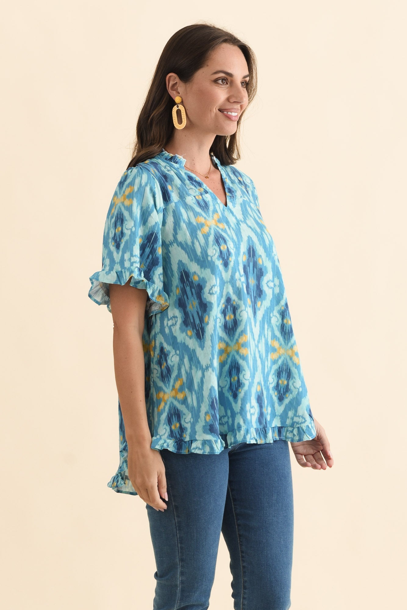 Blue Ruffled Top Calm Blue Diamond Ruffle Top - Blue Bungalow AU