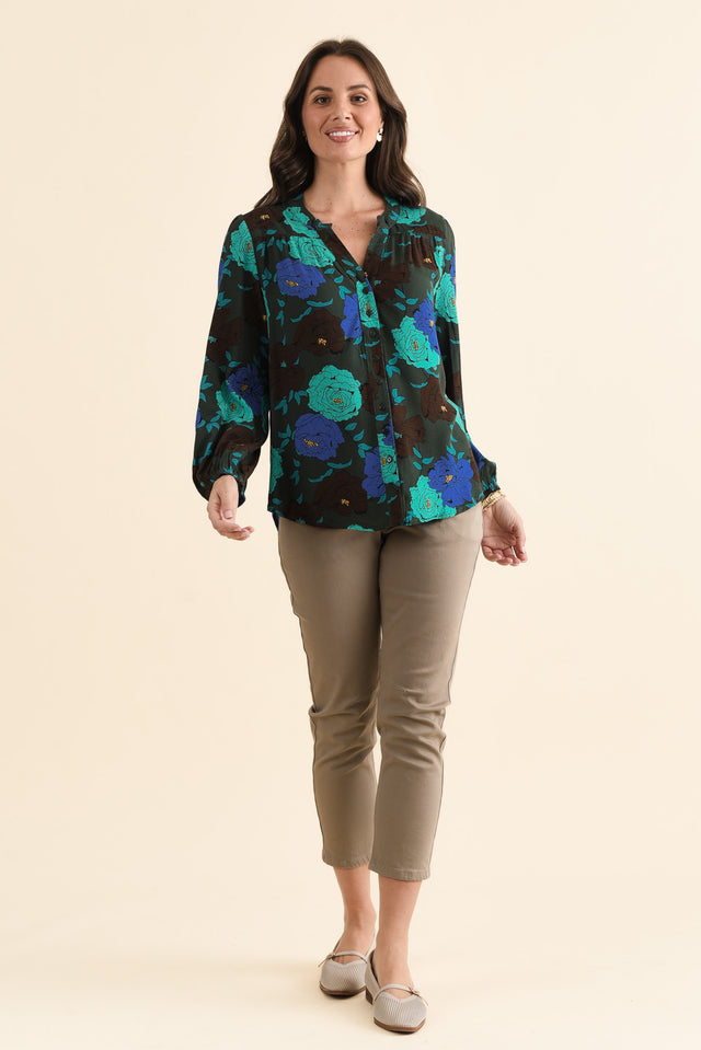 Carina Green Flower Sleeved Blouse,brunette model,Close up of outfit,alt text|model:MJ image 5