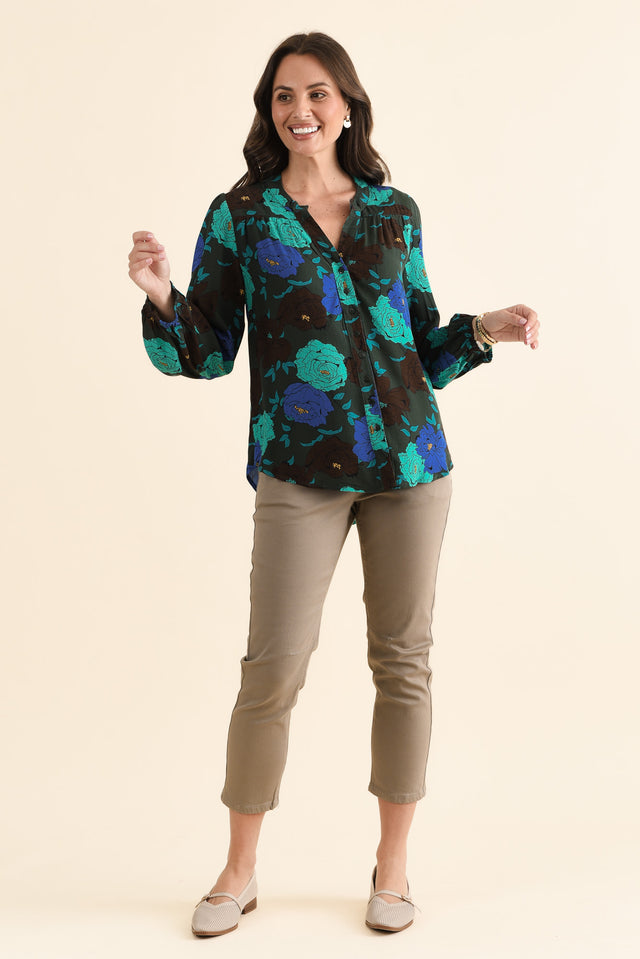 Carina Green Flower Sleeved Blouse,brunette model,Full Outfit,alt text|model:MJ image 2