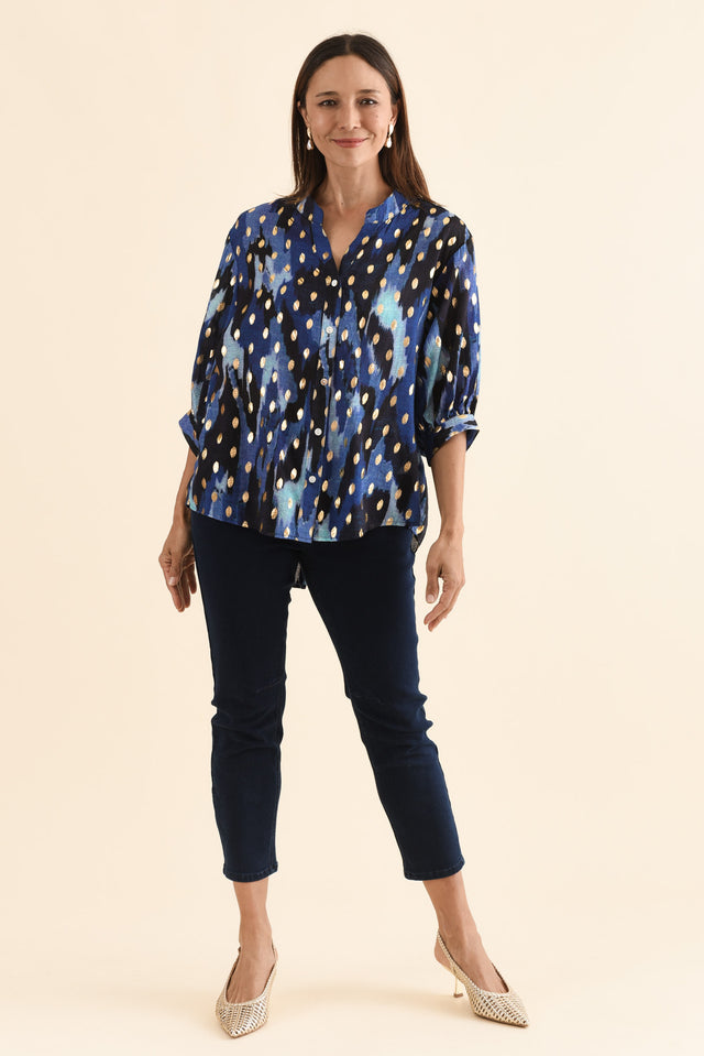 Carleen Blue Abstract Foil Button Top,Full Body,Brunette model,alt text|model:Cara image 6