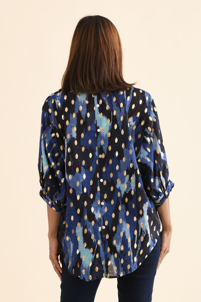 Carleen Blue Abstract Foil Button Top,Back,Brunette model,alt text|model:Cara image 4