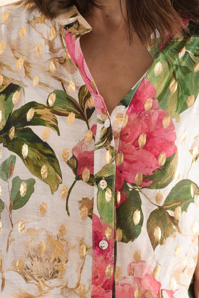 Carleen Pink Flower Foil Button Top,Detail,Brunette model,alt text|model:Cara image 5