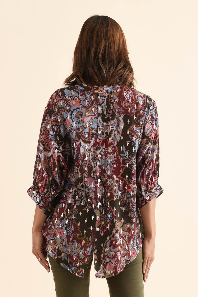 Carleen Red Flower Foil Button Top,Back,Brunette model,alt text|model:Cara image 4