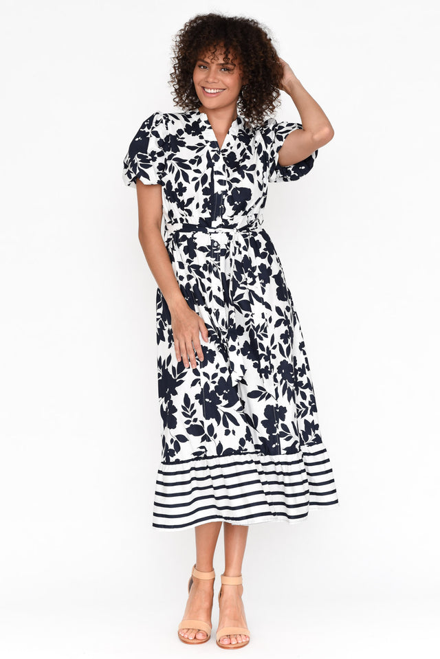 Carney Navy Floral Cotton Tiered Dress