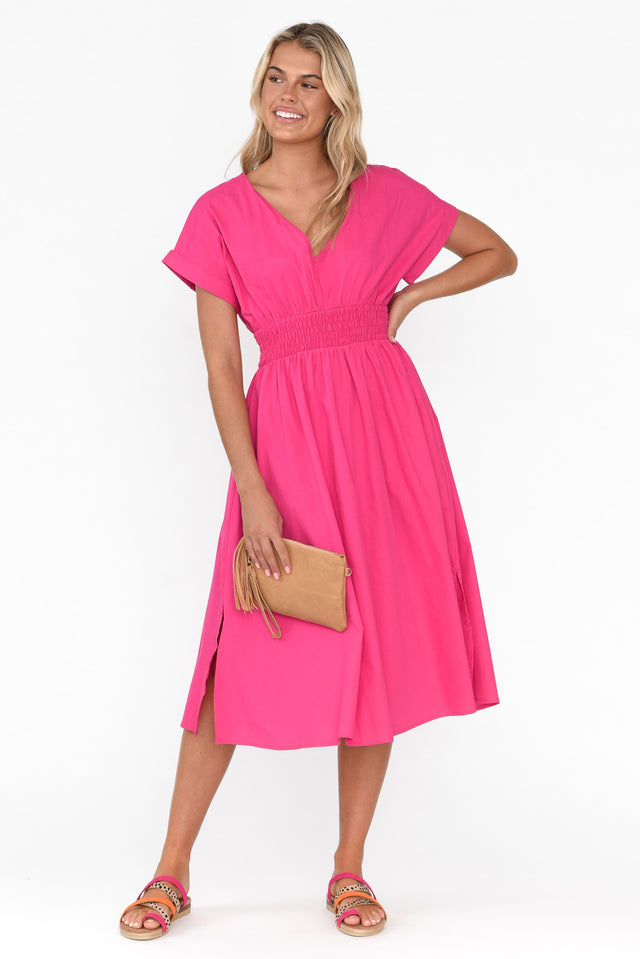 Carrie Hot Pink Cotton V Neck Dress