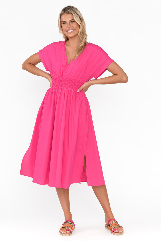 Carrie Hot Pink Cotton V Neck Dress
