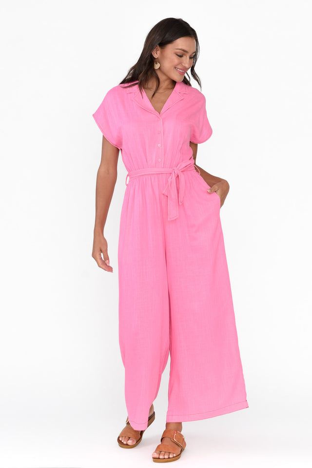 Cason Pink Contrast Linen Blend Jumpsuit