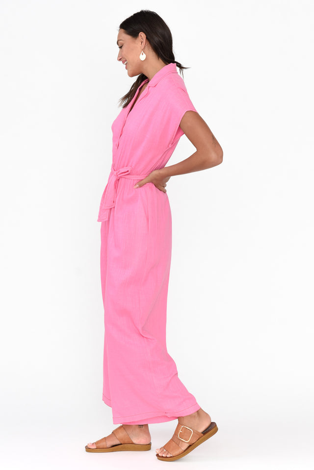Cason Pink Contrast Linen Blend Jumpsuit