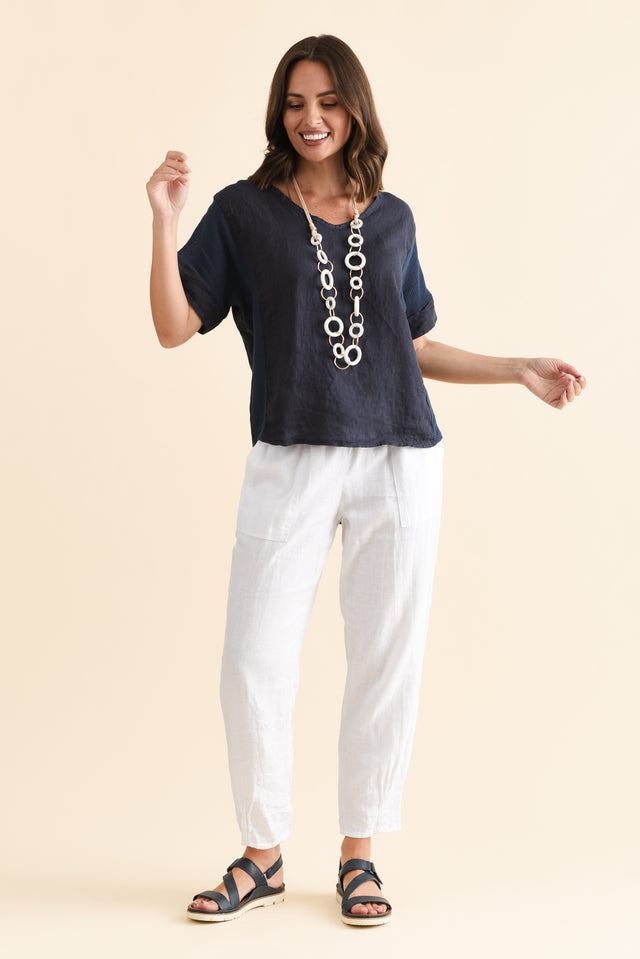 Casper Navy Linen Cotton Top,Brunette model,alt text|model:MJ image 3