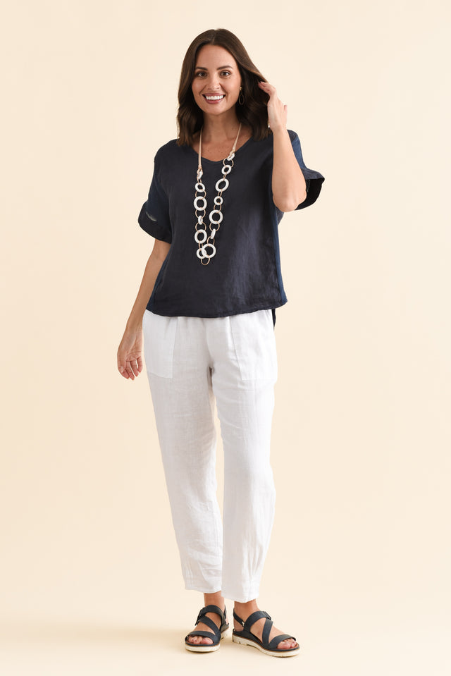 Casper Navy Linen Cotton Top,Brunette model,alt text|model:MJ image 7