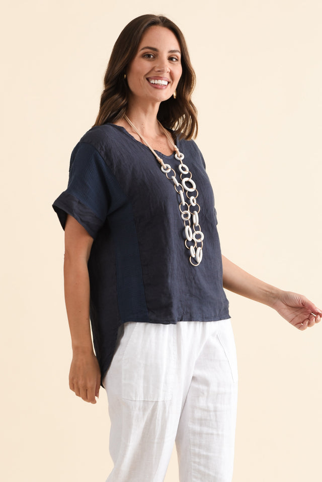 Casper Navy Linen Cotton Top,Brunette model,alt text|model:MJ image 4