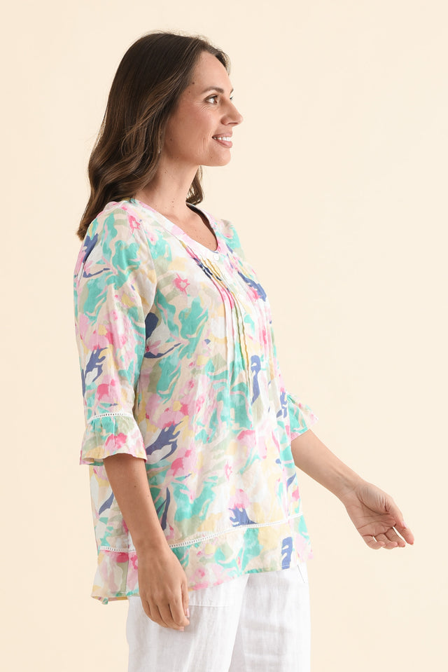 Cassidy Pink Flower Cotton Sleeved Top,Side,Brunette model,alt text|model:MJ image 3
