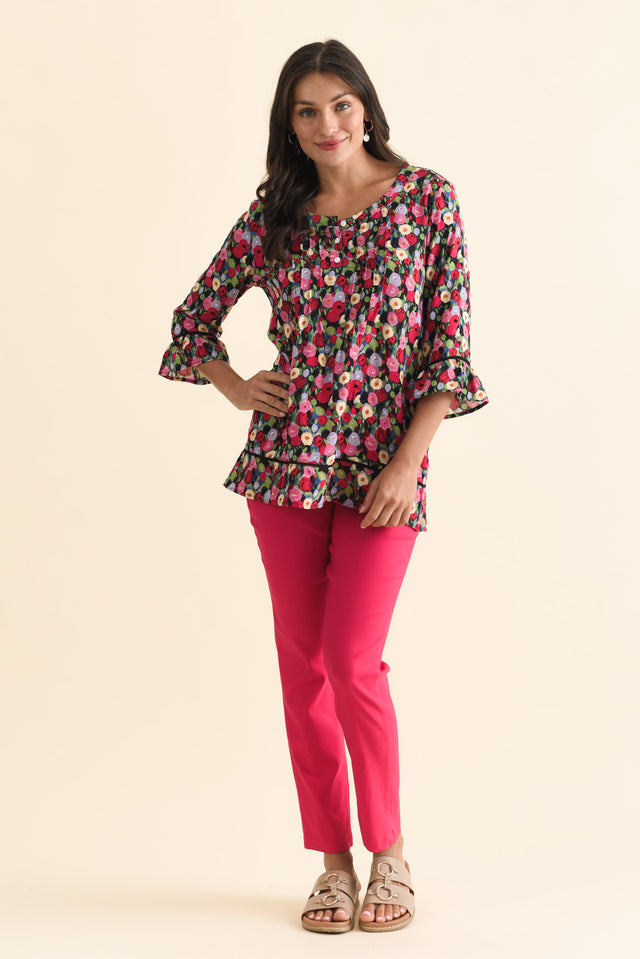 Cassidy Pink Poppy Cotton Sleeved Top,Brunette model,alt text|model:Brontie image 3