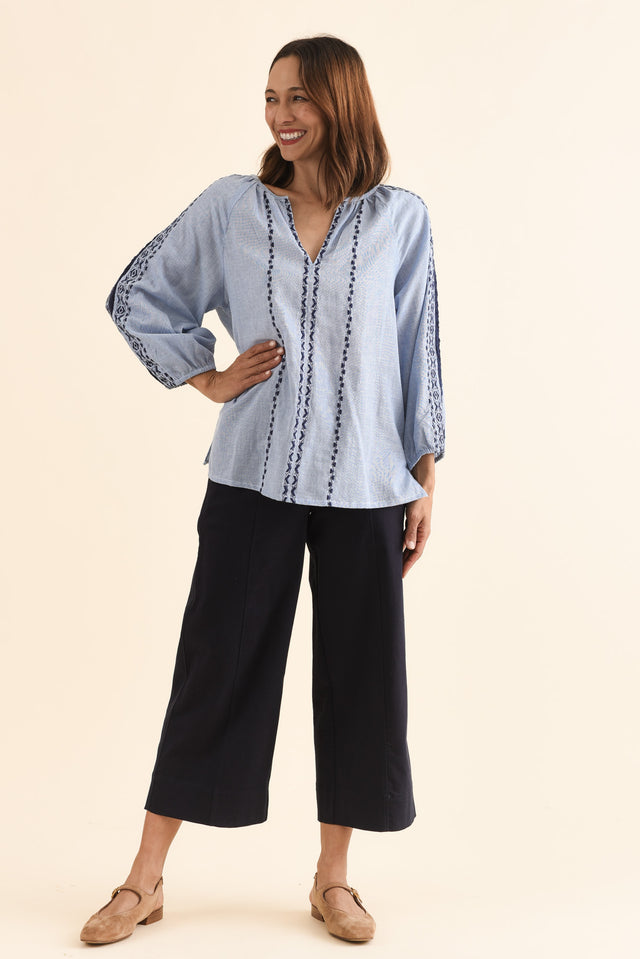 Caven Blue Cotton Embroidered Top,Full Body,Brunette model,alt text|model:Cara image 2