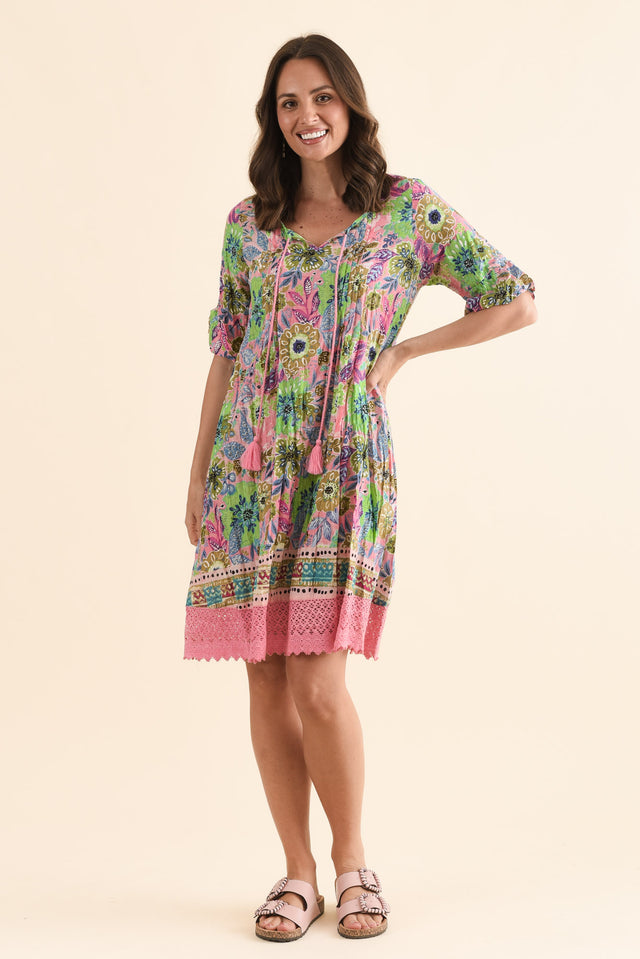 Cayman Green Garden Cotton Tunic Dress,Front,Brunette model,alt text|model:MJ image 1