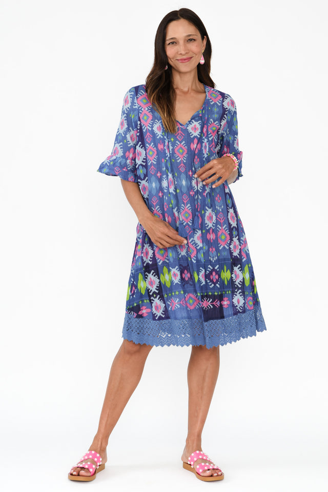 Cayman Navy Geo Cotton Tunic Dress,Brunette model,alt text|model:Cara image 7