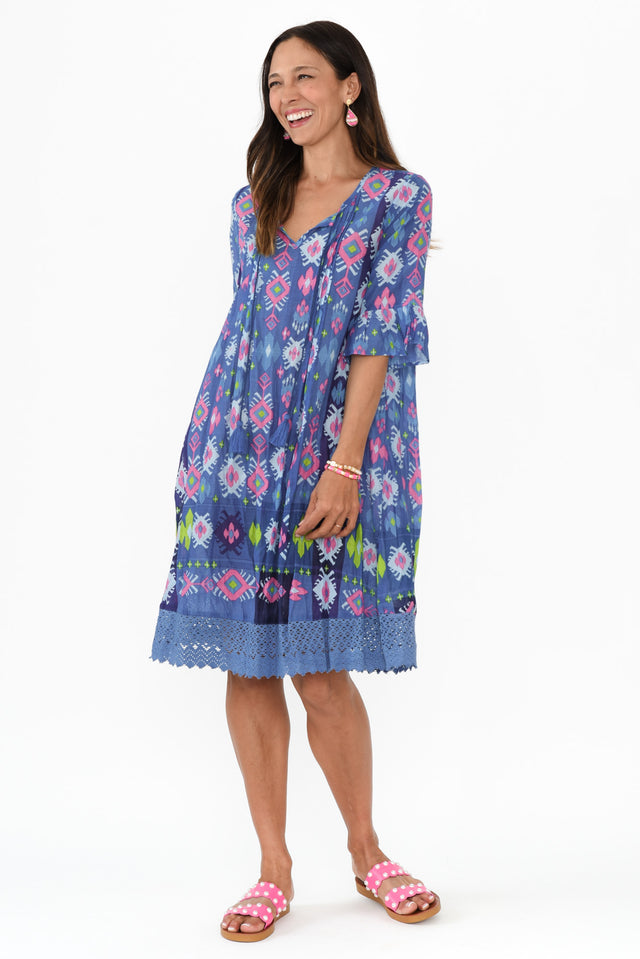 Cayman Navy Geo Cotton Tunic Dress,Brunette model,alt text|model:Cara image 3