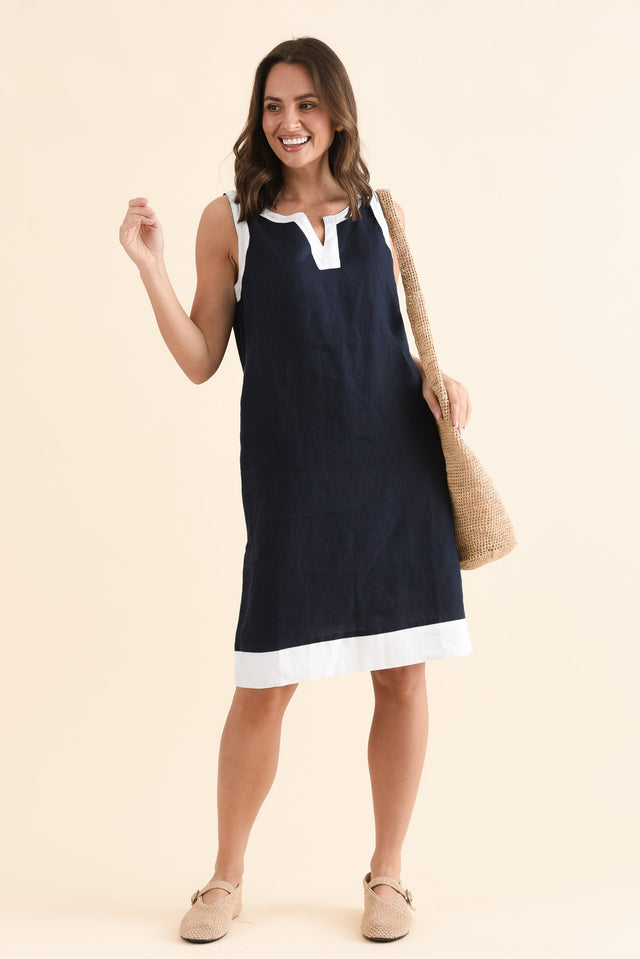 Cecilia Navy Contrast Linen Dress,Front,Brunette model,alt text|model:MJ