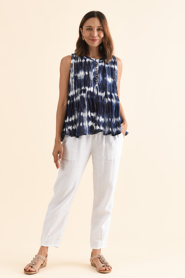 Charlize Navy Tie Dye Cotton Button Tank,Full Body,Brunette model,alt text|model:Cara image 6