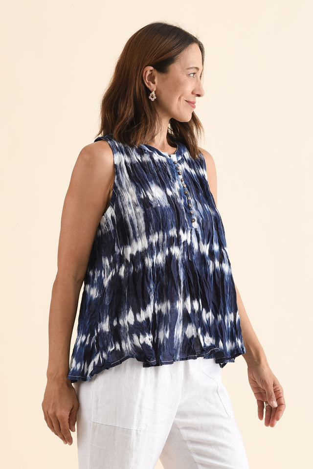 Charlize Navy Tie Dye Cotton Button Tank,Side,Brunette model,alt text|model:Cara image 3