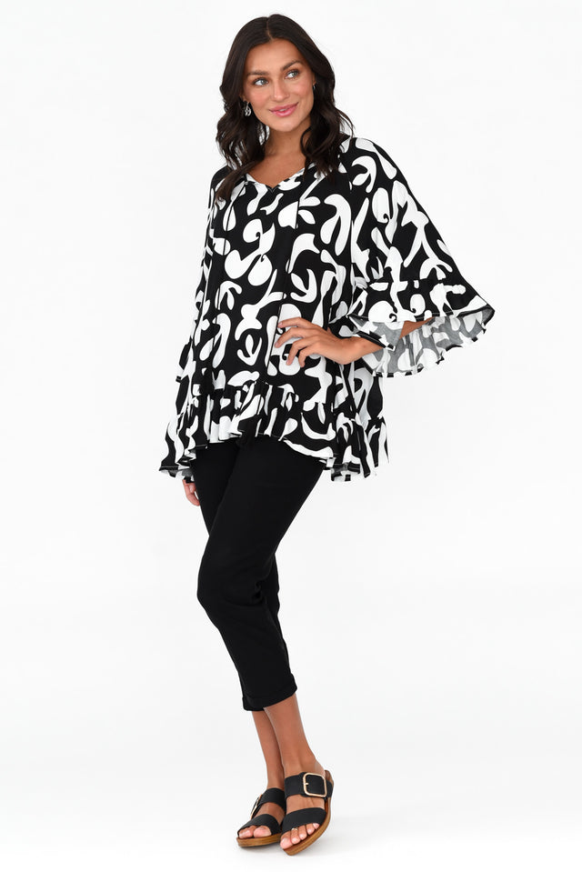 Chase Black Abstract Tassel Ruffle Top
