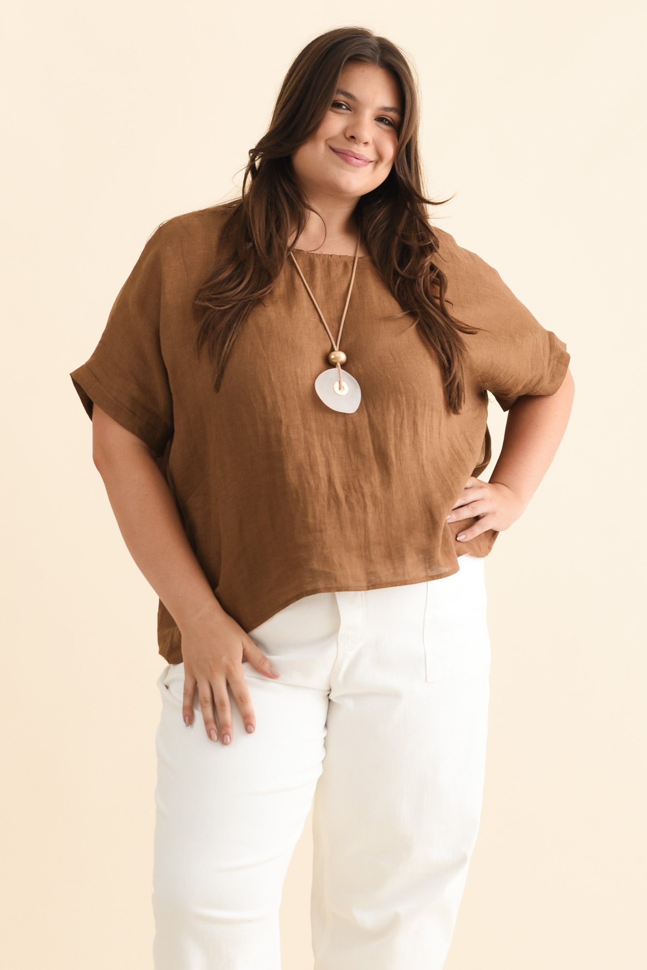 Chaya Model Chaya Mocha Linen Top - Blue Bungalow AU