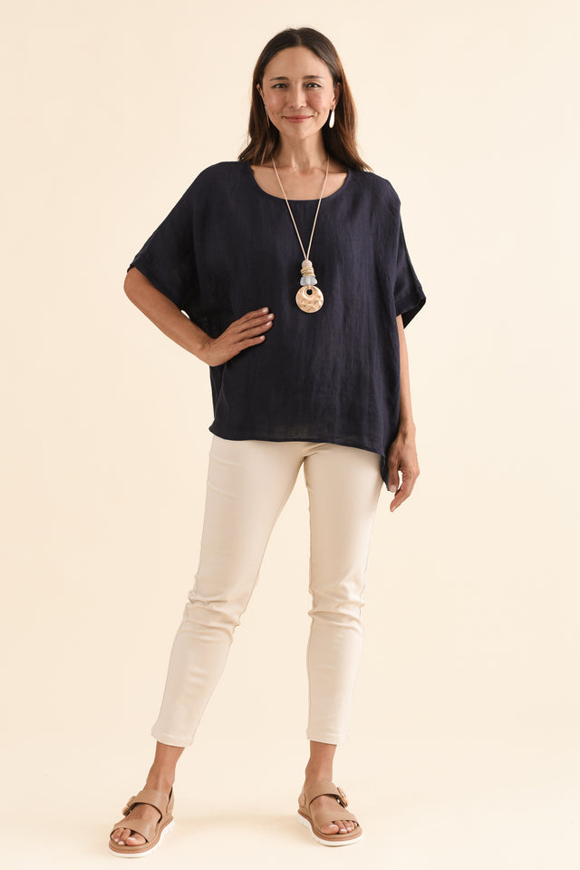 Chaya Navy Linen Top,Full Body,Brunette model,alt text|model:Cara image 5