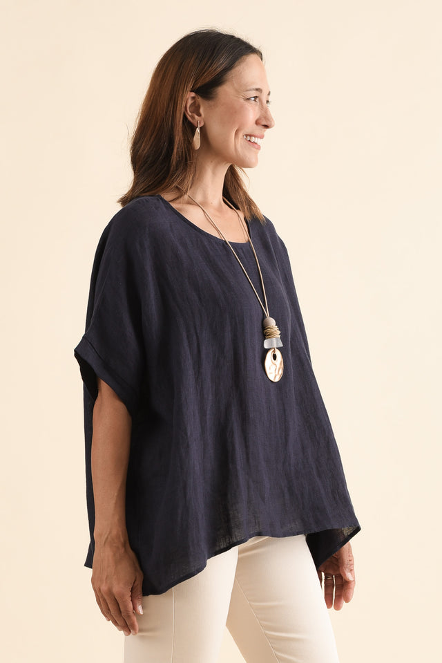 Chaya Navy Linen Top,Side,Brunette model,alt text|model:Cara image 6