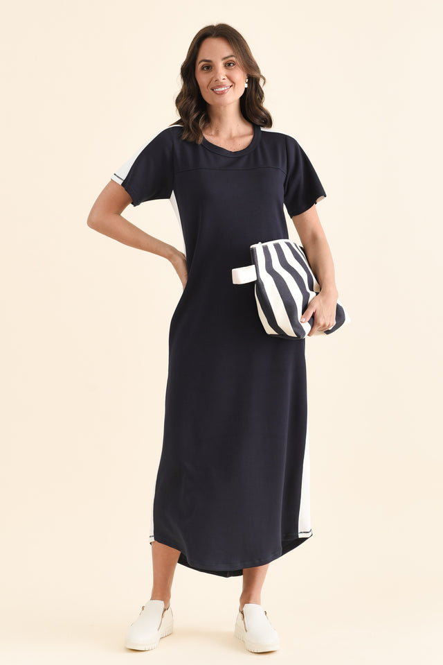 Chicago Navy Stripe Tee Dress,brunette model,Front of Outfit,alt text|model:MJ image 1