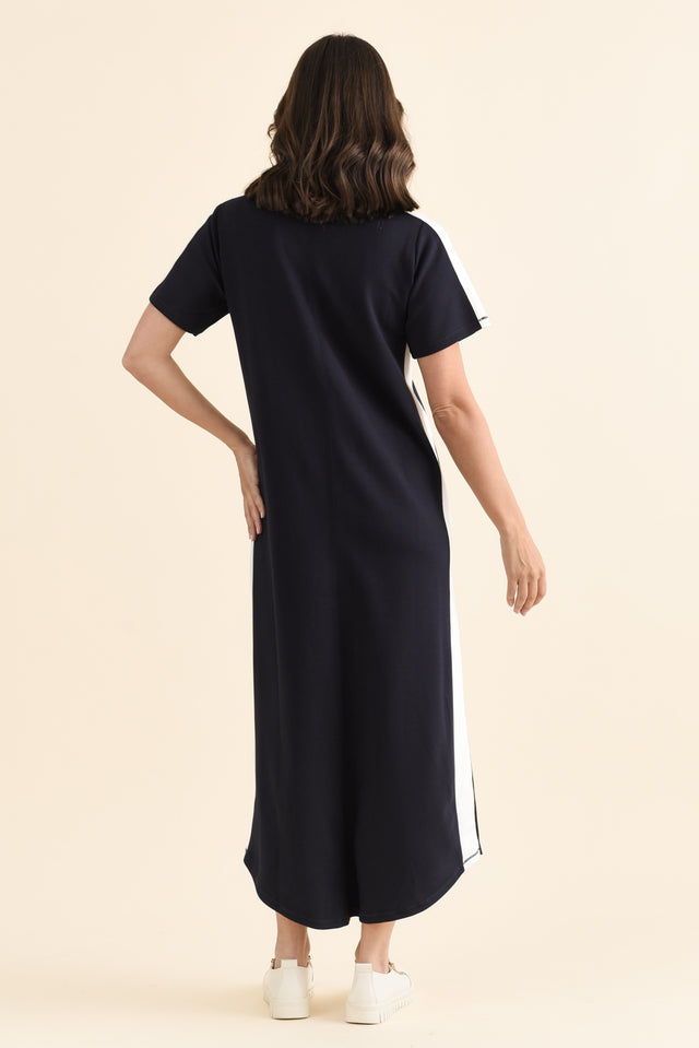 Chicago Navy Stripe Tee Dress,brunette model,Side of Outfit,alt text|model:MJ image 3
