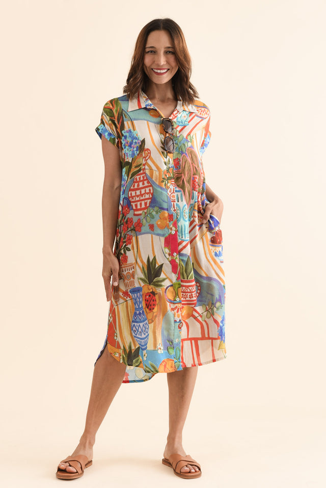 Chiya Blue Fruity Pocket Shirt Dress,Front,Brunette model,alt text|model:Cara image 1