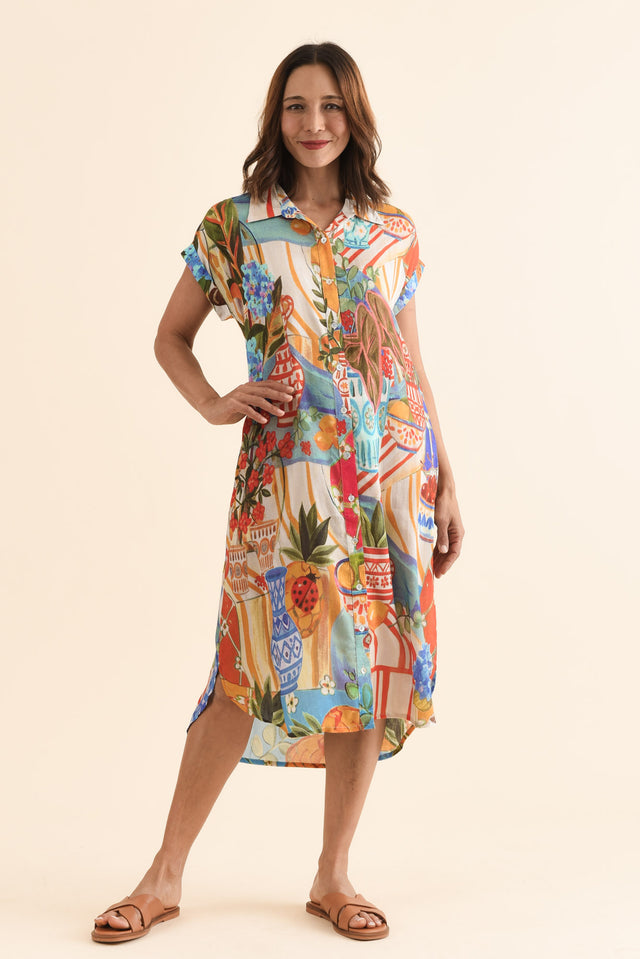 Chiya Blue Fruity Pocket Shirt Dress,Full Body,Brunette model,alt text|model:Cara image 6