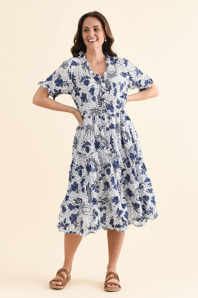 Cinder Blue Garden Crinkle Cotton Ruffle Dress,Full Body,Brunette model,alt text|model:MJ image 6
