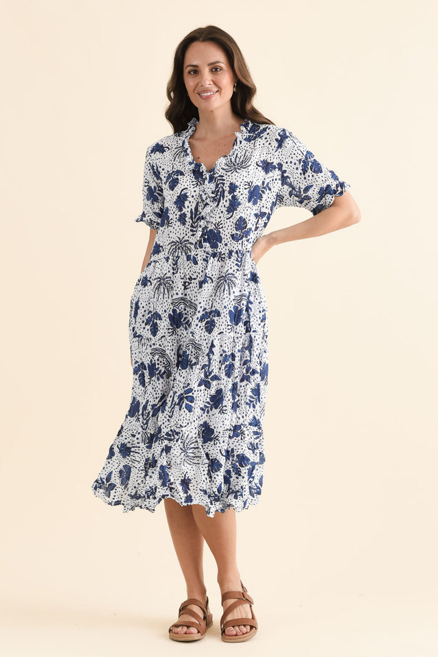 Cinder Blue Garden Crinkle Cotton Ruffle Dress,Full Body,Brunette model,alt text|model:MJ