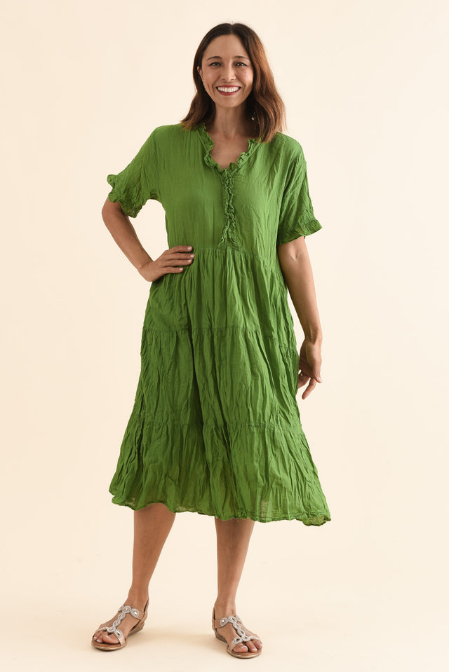 Cinder Fern Green Crinkle Cotton Ruffle Dress,Full Body,Brunette model,alt text|model:Cara image 2