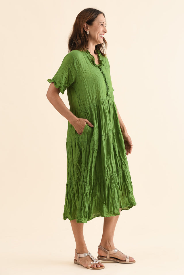 Cinder Fern Green Crinkle Cotton Ruffle Dress,Side,Brunette model,alt text|model:Cara image 3