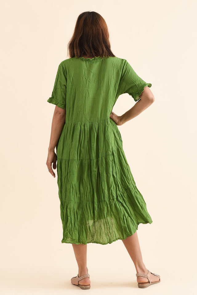 Cinder Fern Green Crinkle Cotton Ruffle Dress,Back,Brunette model,alt text|model:Cara image 4
