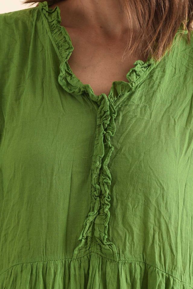Cinder Fern Green Crinkle Cotton Ruffle Dress,Detail,Brunette model,alt text|model:Cara image 5