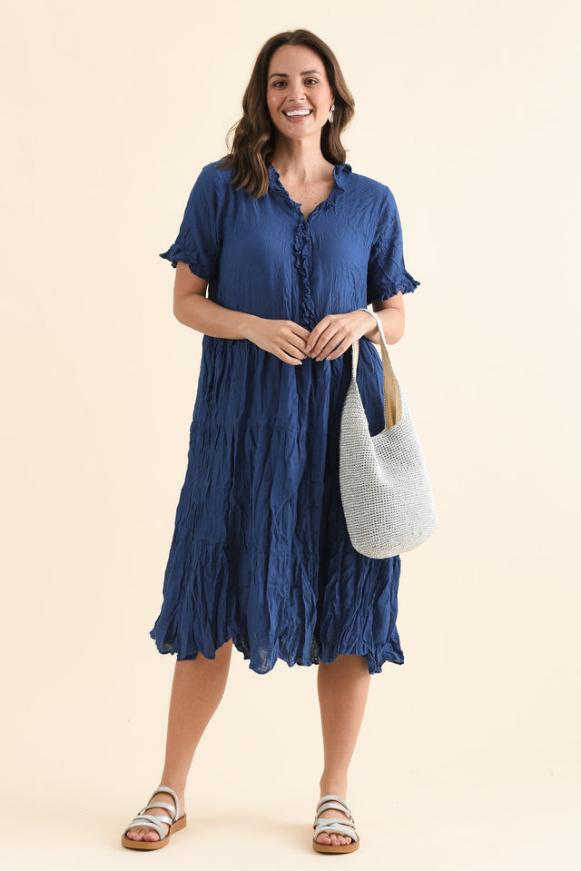 Cinder Indigo Crinkle Cotton Ruffle Dress,Front,Brunette model,alt text|model:MJ