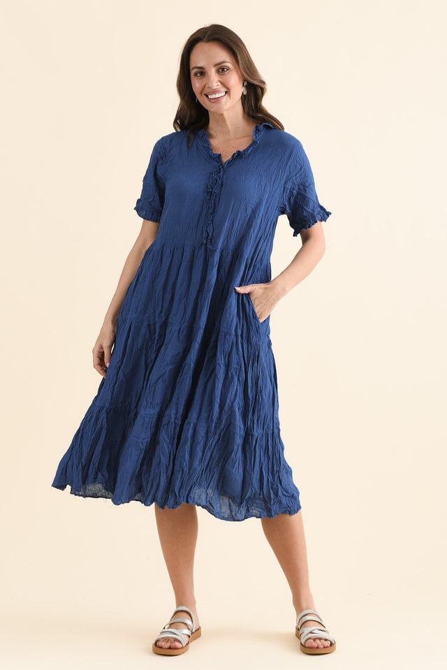 Cinder Indigo Crinkle Cotton Ruffle Dress,Full Body,Brunette model,alt text|model:MJ