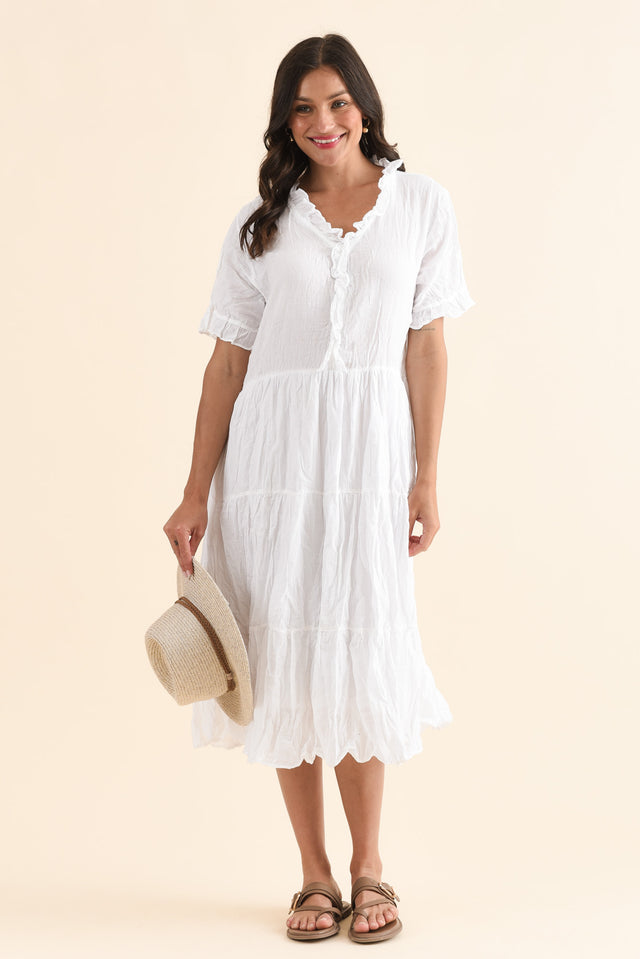 Cinder White Crinkle Cotton Ruffle Dress,Front,Brunette model,alt text|model:Brontie image 1