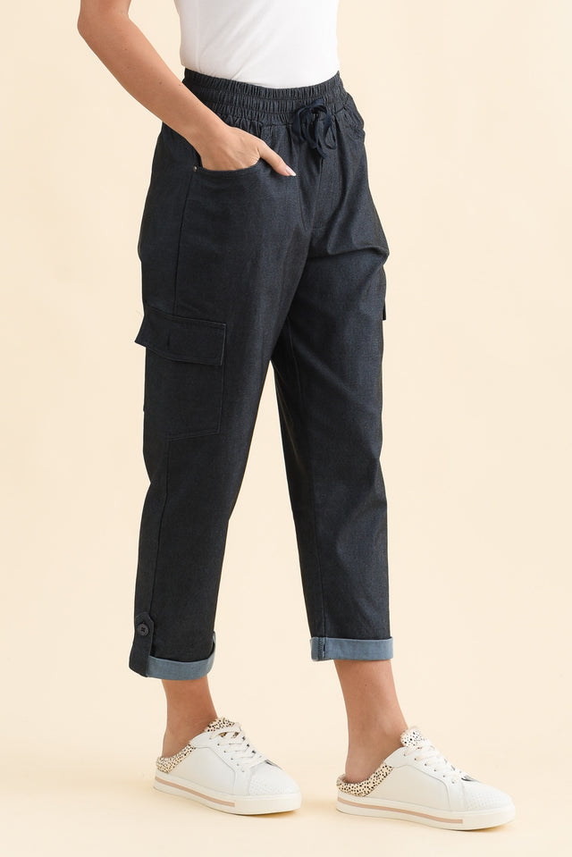 Cindy Dark Blue Denim Cargo Pants,Brunette model,alt text|model:MJ image 3