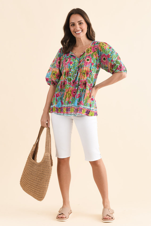 Claris Blue Flower Crinkle Cotton Top,Full Body,Brunette model,alt text|model:MJ image 2
