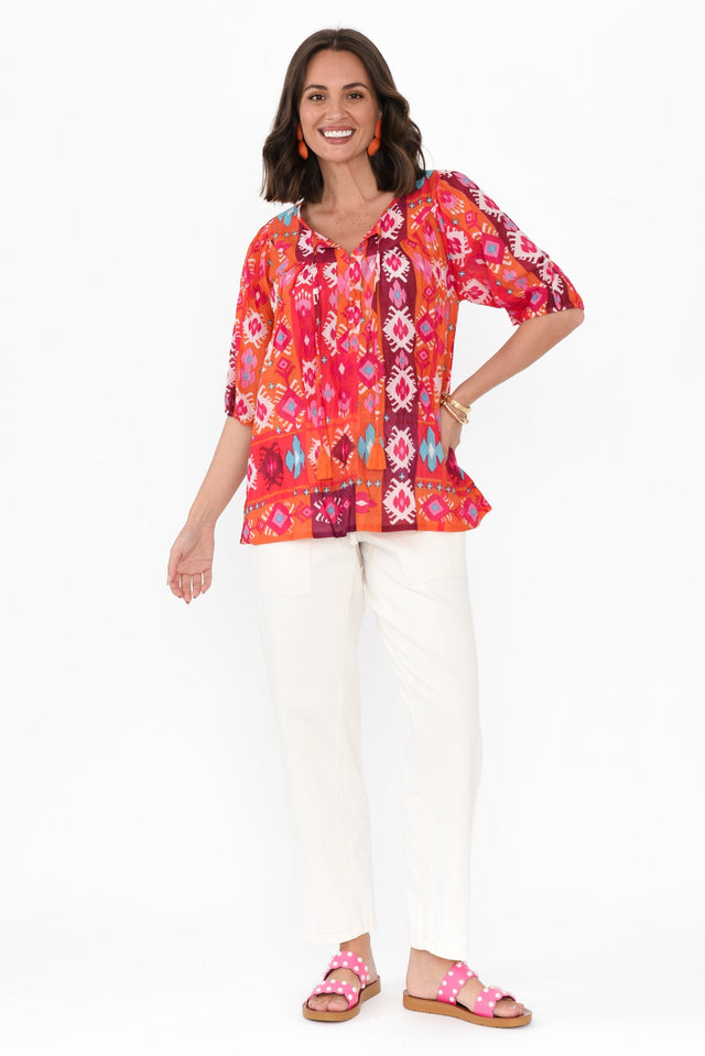 Claris Red Geo Crinkle Cotton Top,Brunette model,alt text|model:MJ image 3