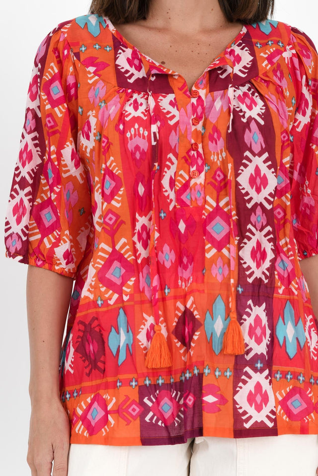 Claris Red Geo Crinkle Cotton Top,Brunette model,alt text|model:MJ image 6
