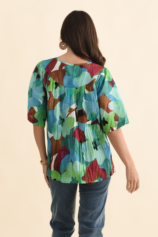 Claris Teal Flower Crinkle Cotton Top,Brunette model,alt text|model:MJ image 6