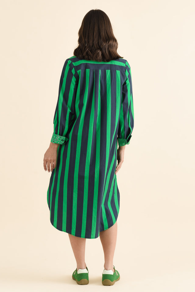 Claude Green Stripe Cotton Poplin Dress,brunette model,Back of Outfit,alt text|model:MJ image 4