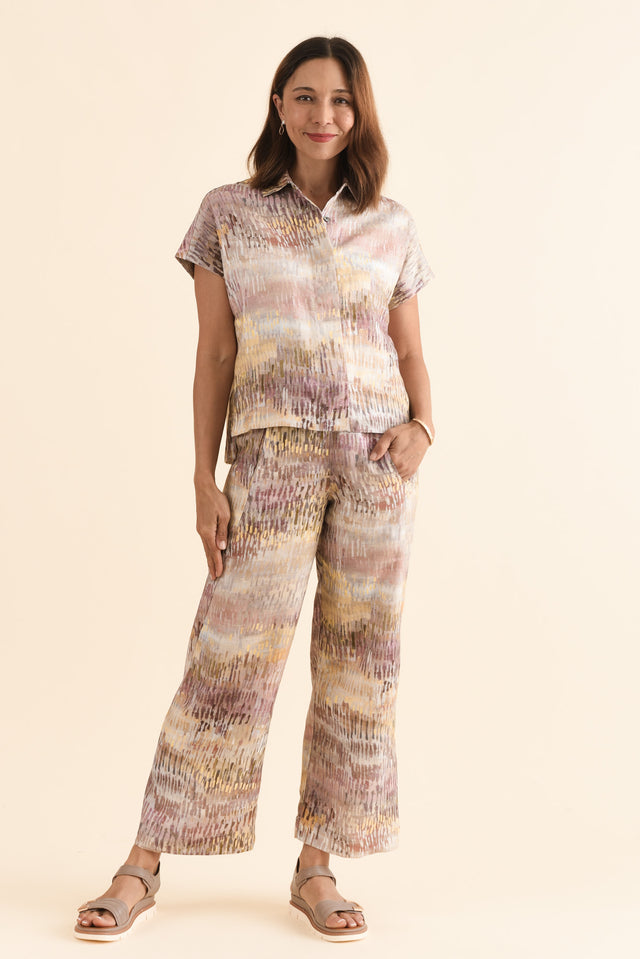 Clover Yellow Abstract Linen Shirt,Full Body,Brunette model,alt text|model:Cara image 2