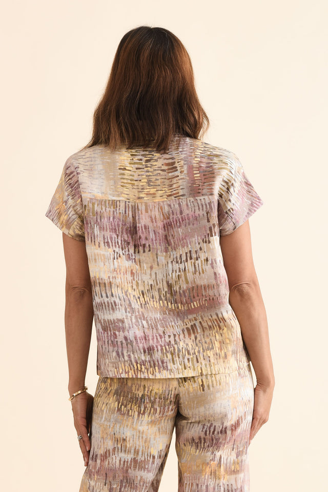 Clover Yellow Abstract Linen Shirt,Back,Brunette model,alt text|model:Cara image 4